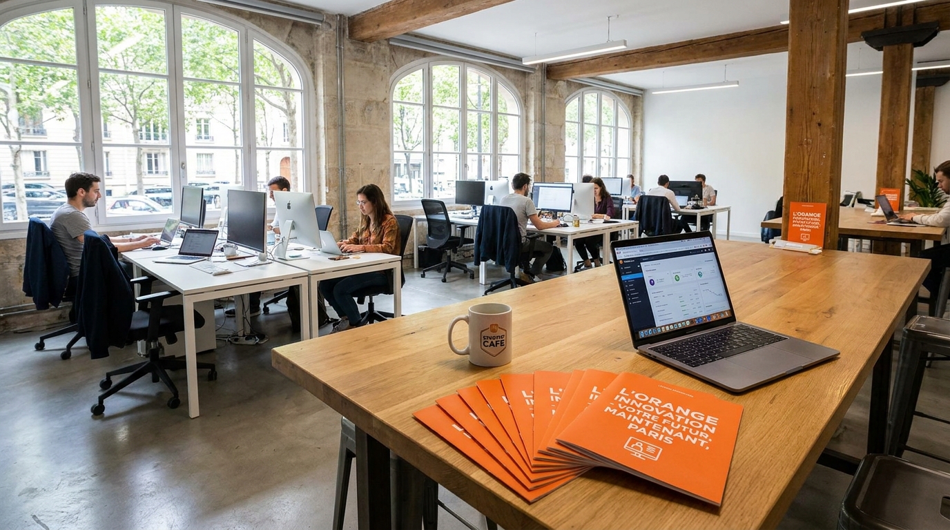 Open-space d'une startup française avec laptops, café et flyers Strevoo de marketing