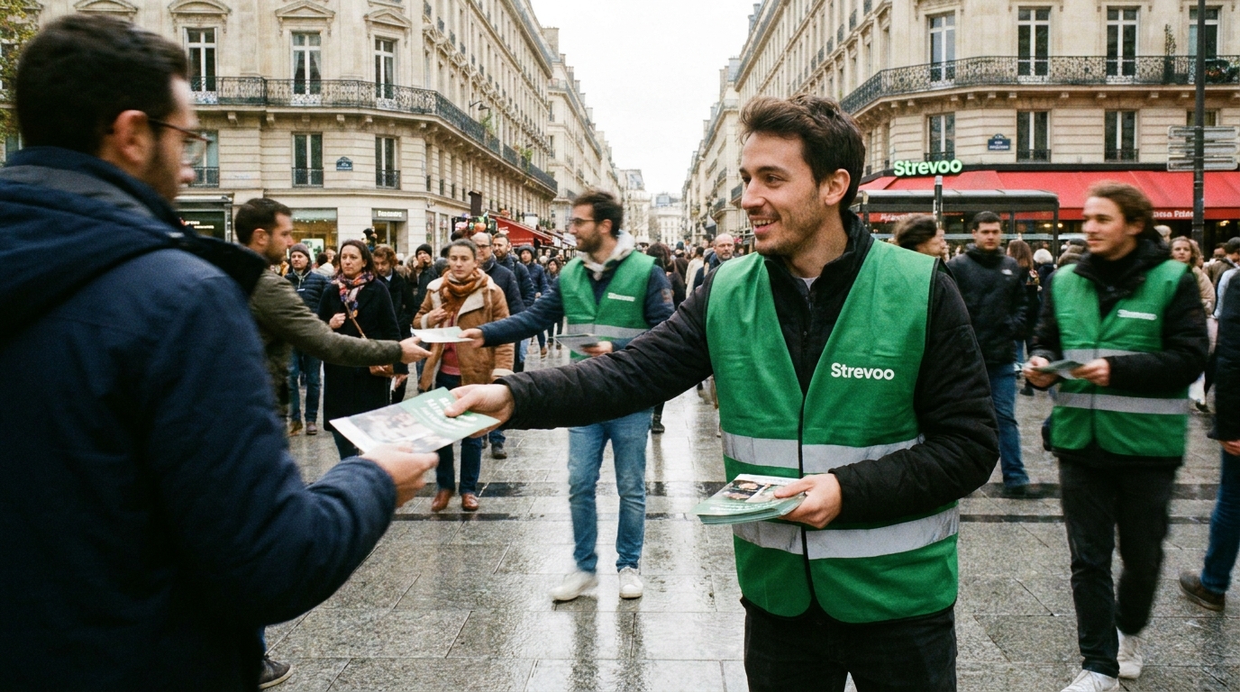 Animateur Strevoo distribuant un flyer à un passant dans une rue commerçante parisienne