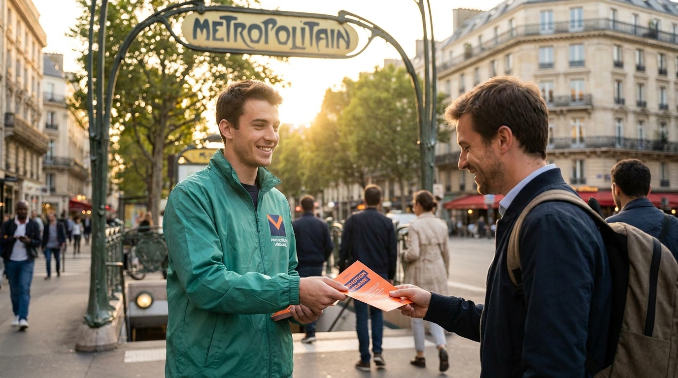 Animateur Strevoo distribuant un flyer main à main à la sortie d'une station de métro parisienne