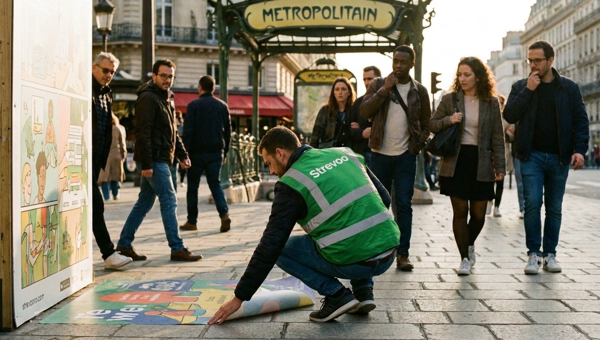 Déploiement d'un support média tactique Strevoo au sol près d'un métro parisien
