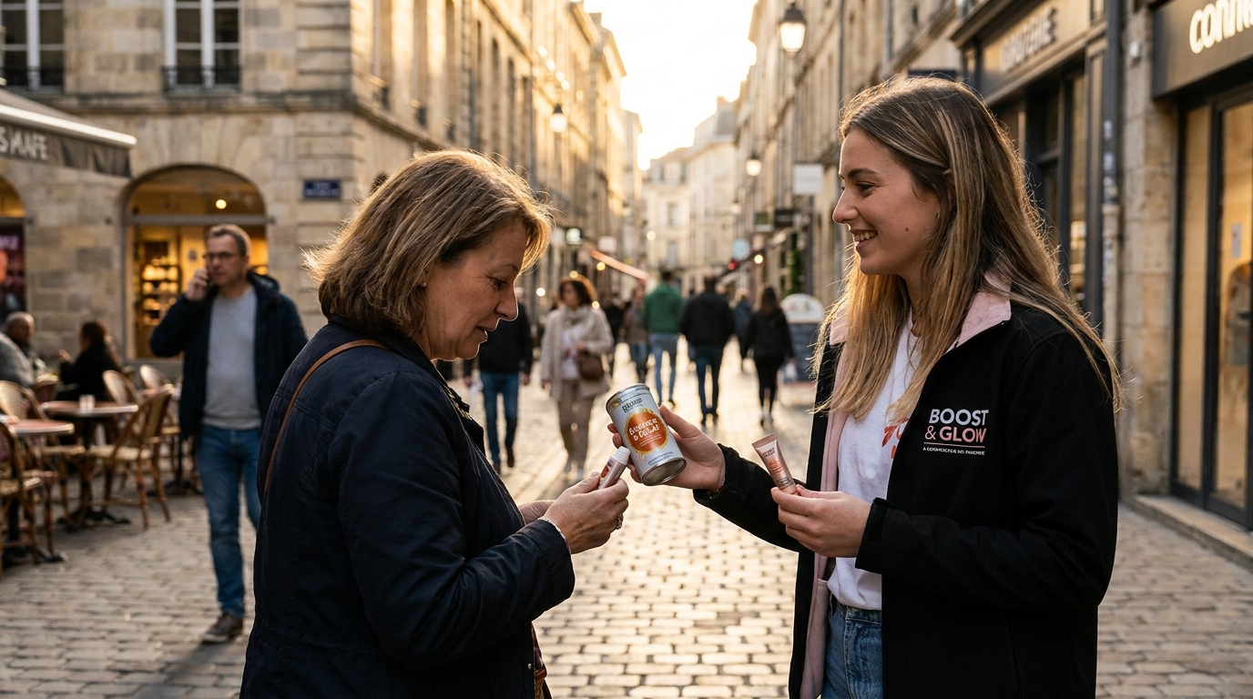 Animatrice Strevoo remettant un échantillon produit à une passante dans une rue commerçante française