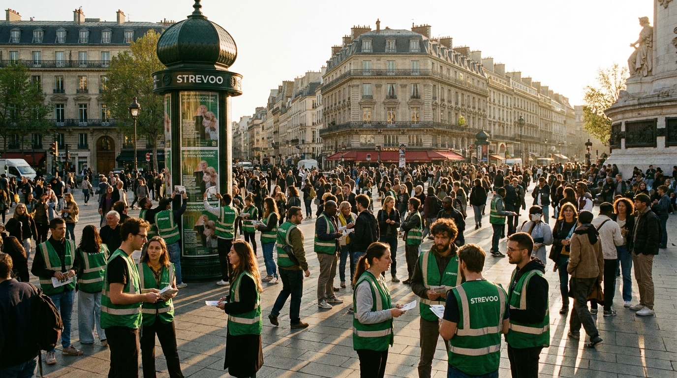 Équipe Strevoo déployée sur une grande place parisienne, distribution de flyers, pose d'affiches et animation en cours