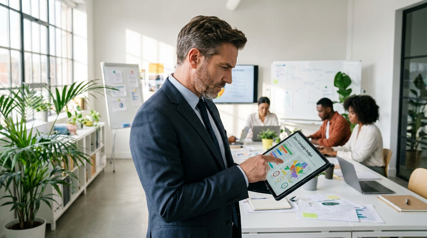 Manager analysant un planning de campagne et son budget sur tablette