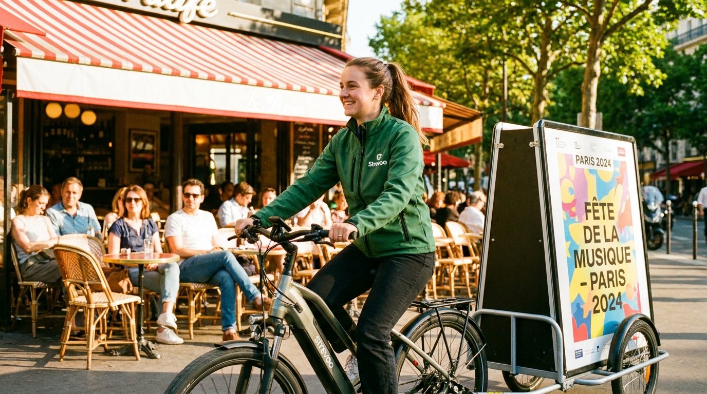 Vélo publicitaire Strevoo avec panneau d'affichage dans une rue de Paris