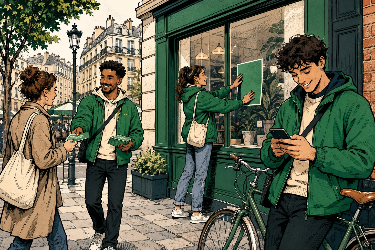 Illustration d’une équipe Strevoo en mission : distribution de flyers, pose d’affiche en vitrine et consultation de l’application.